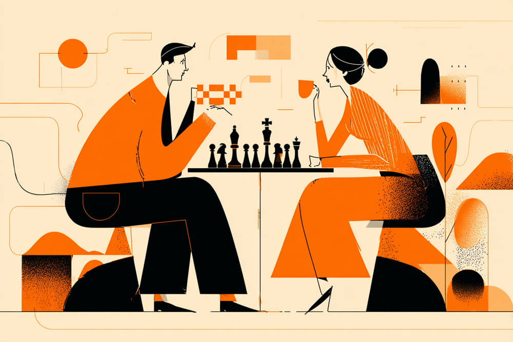 Chess coaching session between a man and woman